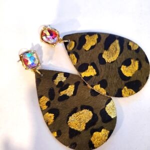 Pink Pinache Leopard Print Teardrop Earrings with Gold Swarvoski Accents